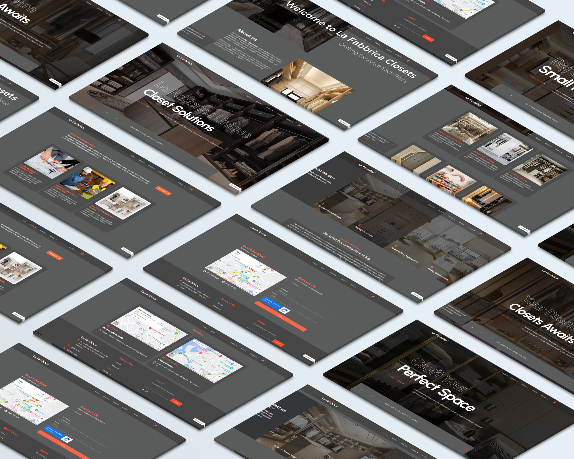 La Fabbrica responsive website screens presented in perspective
