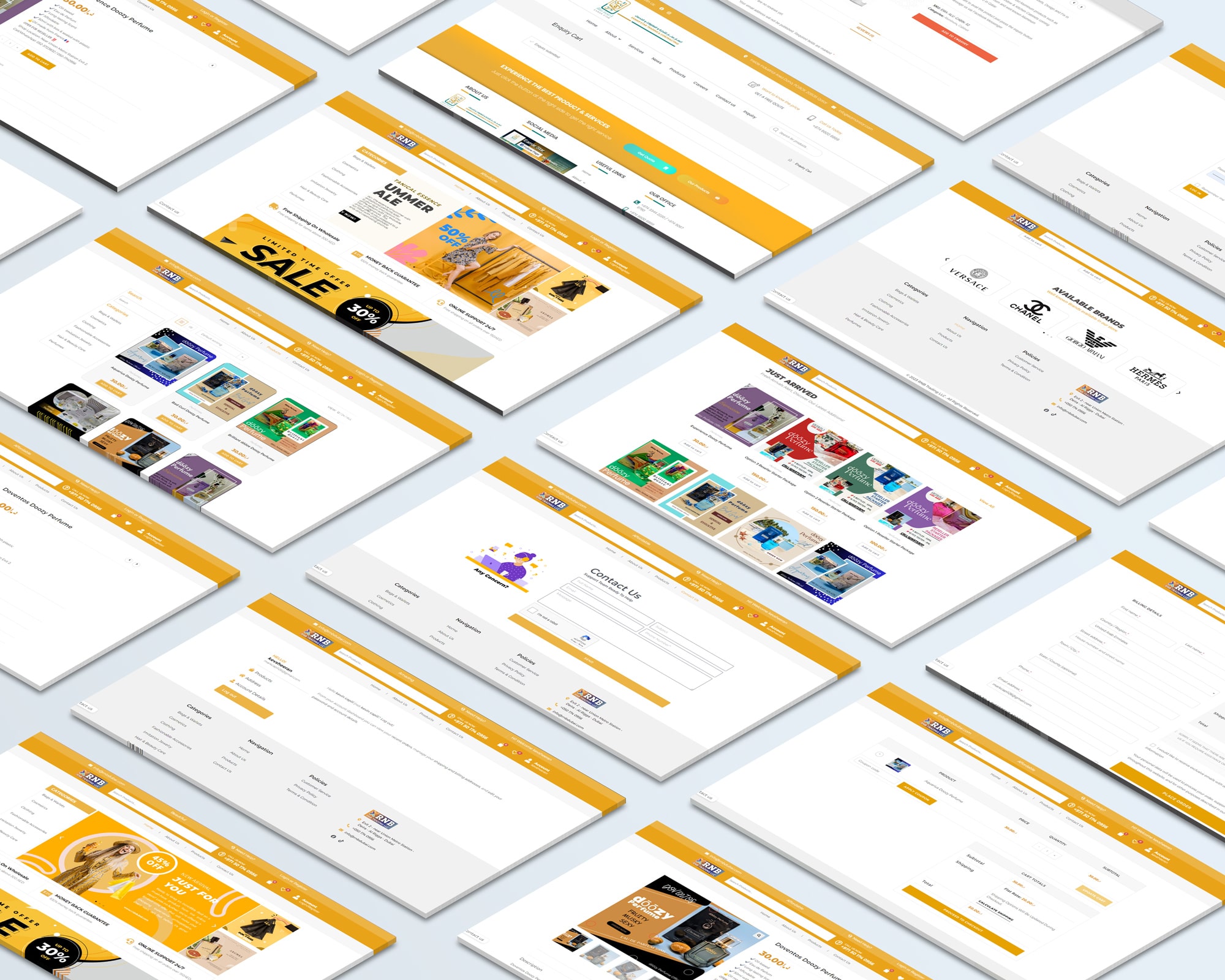 RNB e-commerce website screens arranged in perspective
