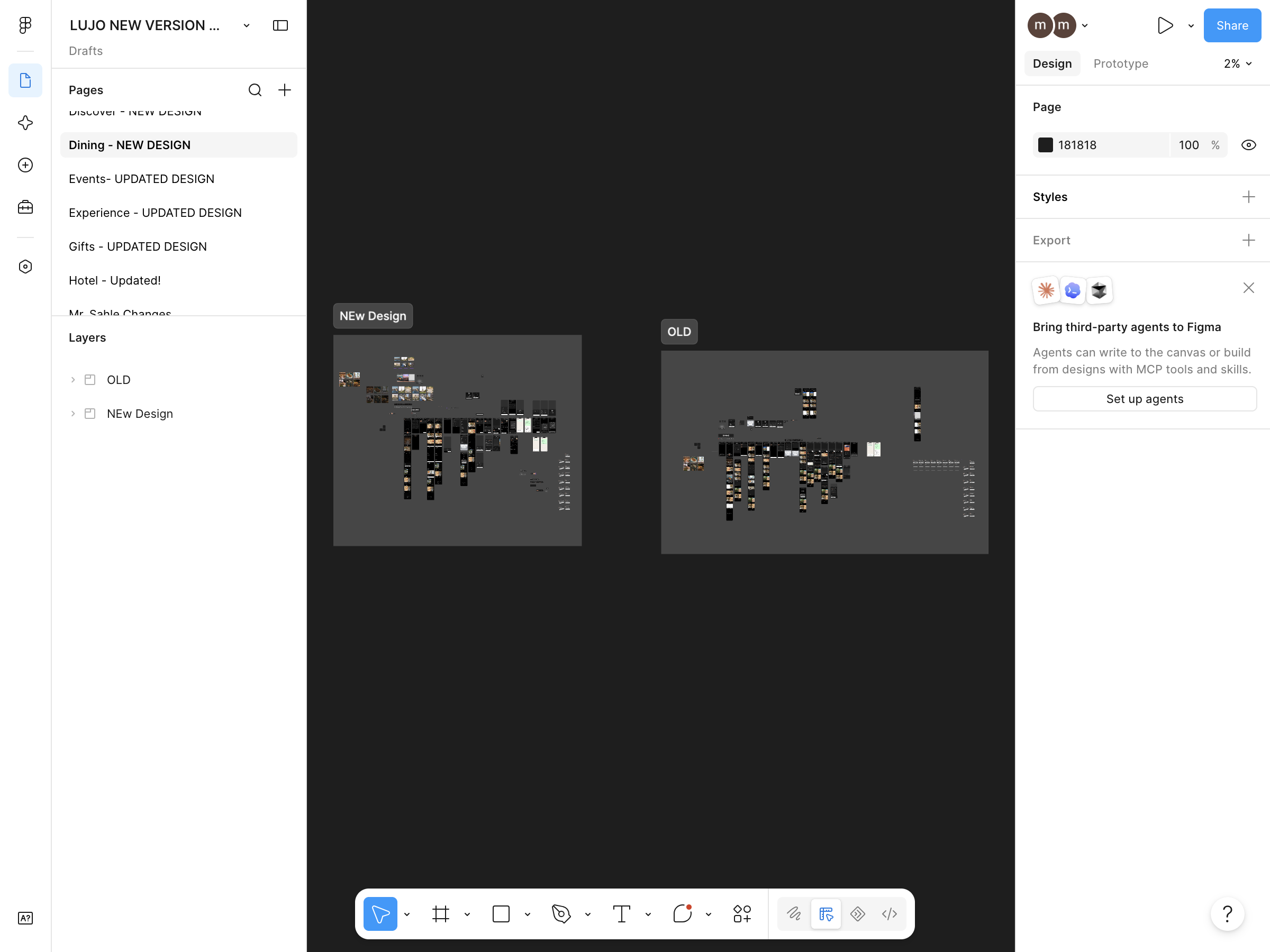 Figma overview comparing inherited and redesigned LUJO Dining screens
