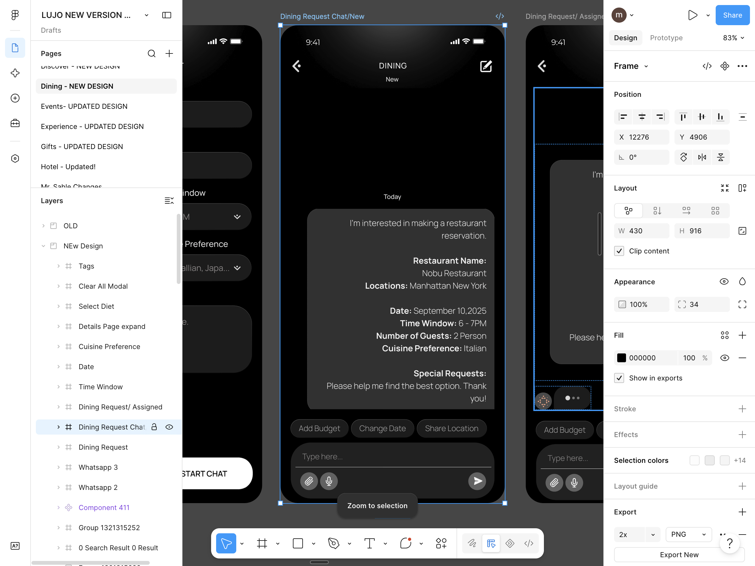 LUJO dining request chat state